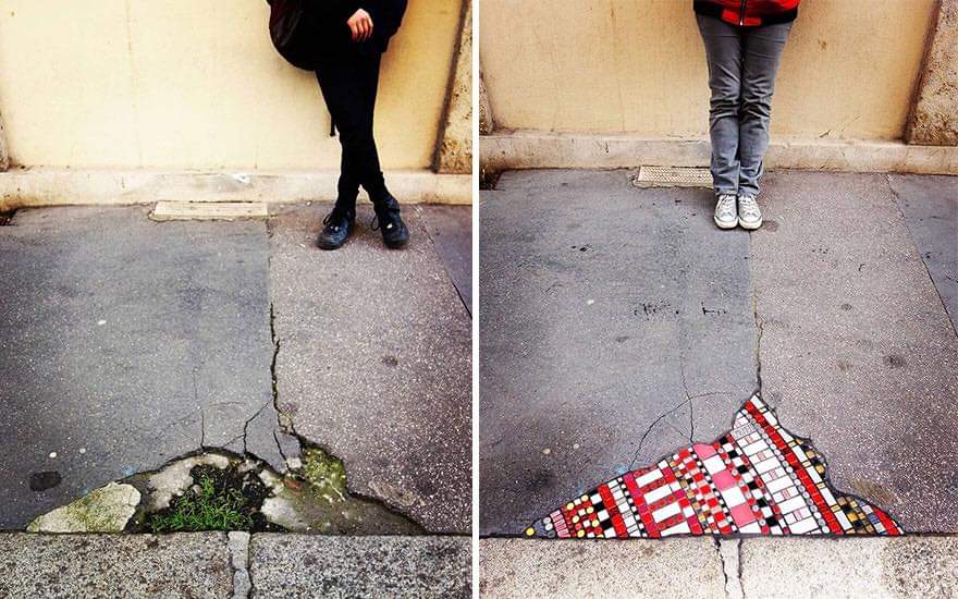 Artist Ememem, Mends Cracked Sidewalks, Potholes And Buildings Using Vibrant Mosaics (30 Pics)