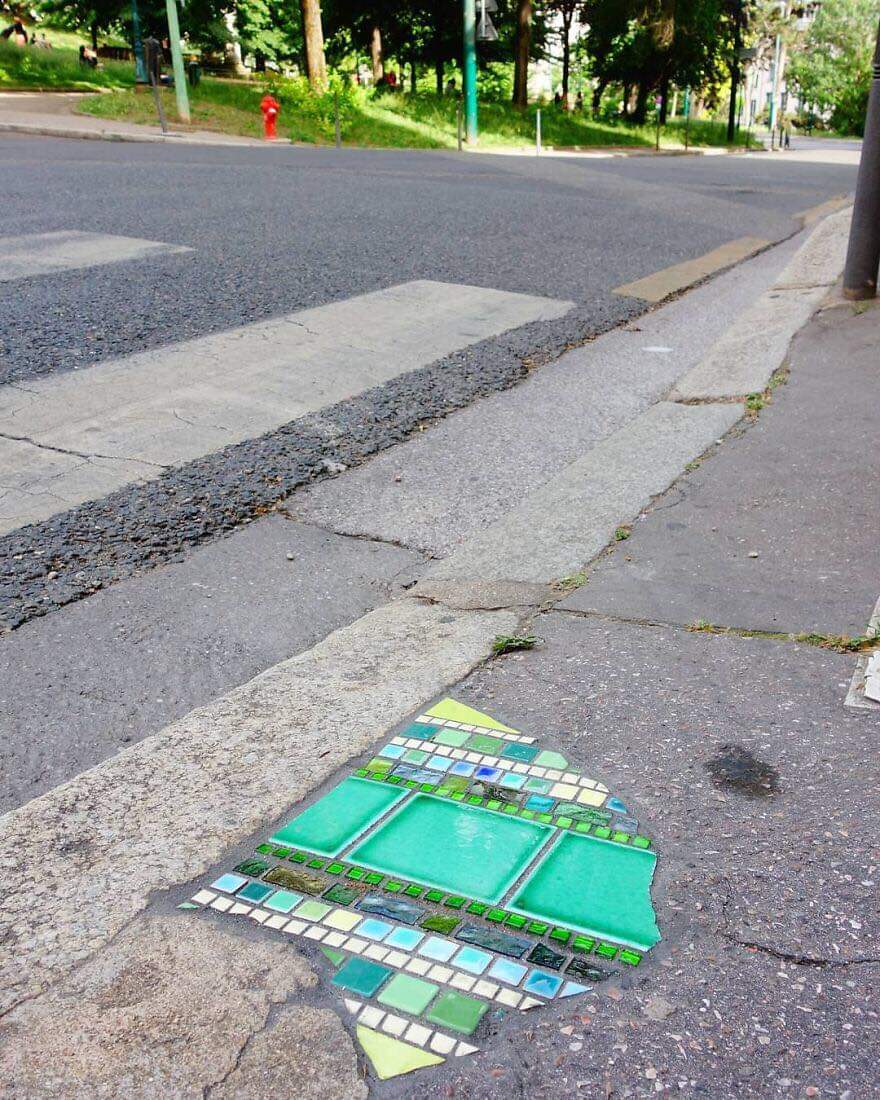 Artist Ememem, Mends Cracked Sidewalks, Potholes And Buildings Using Vibrant Mosaics (30 Pics)