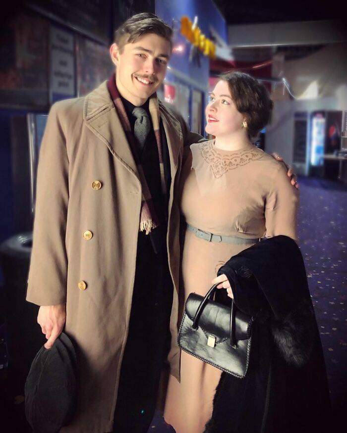 Engaged young couple lives like it’s the 1930s with vintage clothes, home, tools, and a car