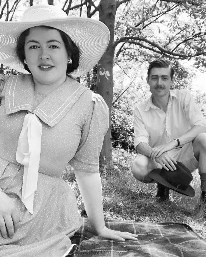 Engaged young couple lives like it’s the 1930s with vintage clothes, home, tools, and a car