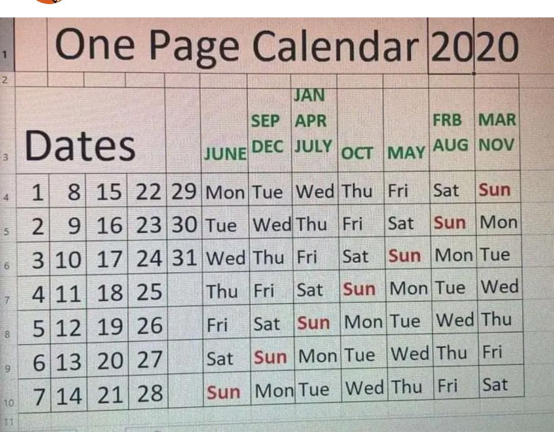 2020 - One Page Calendar